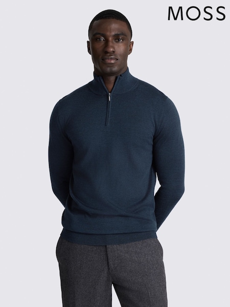 MOSS Blue Merino Zip-Neck Jumper (V61227) | £60