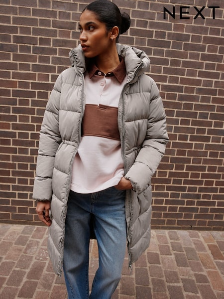 Grey - Shower Resistant Hooded Long Wadded Coat
