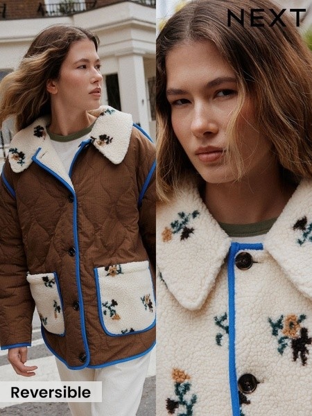 Brown/Floral - Reversible Borg Quilted Jacket