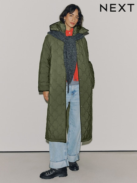 Olive Green - Long Quilted Shower Resistant Jacket