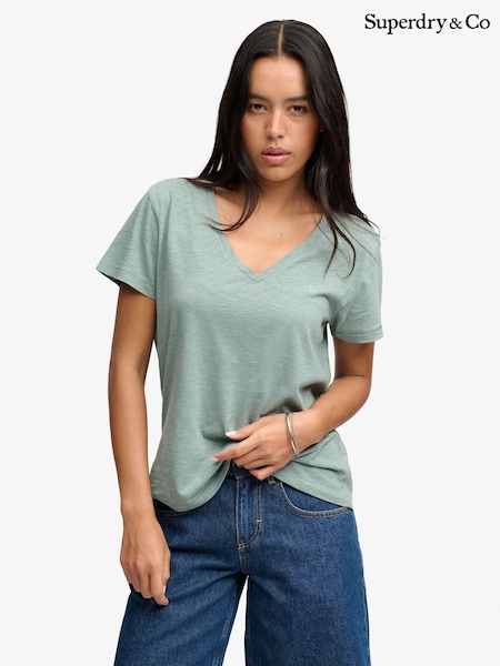 Green - Superdry Slub Embroidered V-neck T-shirt