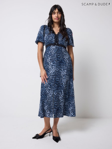 SCAMP & DUDE Blue Lace Trim Puff Sleeve Tea Dress (V61581) | £115