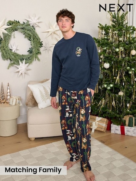 Navy Dog Print - Regular Matching Family Christmas Long Sleeve Pyjamas Set