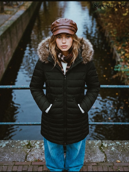 Black - Superdry Hood Faux Fur Fuji Mid Length Jacket