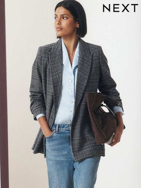 Grey/Blue - Check Asymmetric Blazer