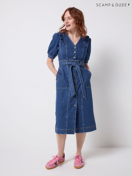 SCAMP & DUDE Blue Denim Frill Sleeve Midi Dress (V61844) | £135