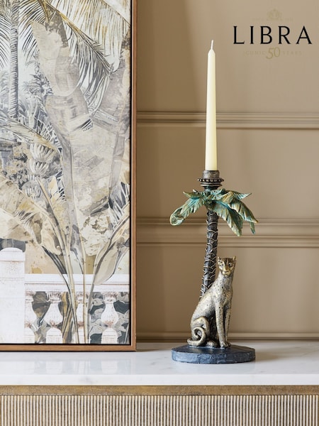 Libra Interiors Gold Palm Candle Stick with Leopard (V61894) | £70