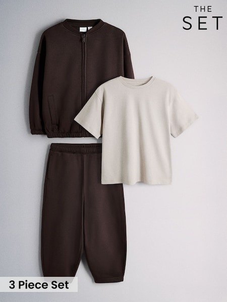 Chocolate Brown/Cream - The Set 3 Piece Jersey Zip Through Bomber Short Sleeve Oversized T-shirt And Barrel Jogger Set