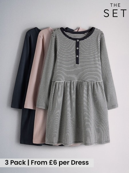 Pink/Navy/Stripe - The Set 3 Pack Long Sleeve Ribbed Jersey Henley Dresses