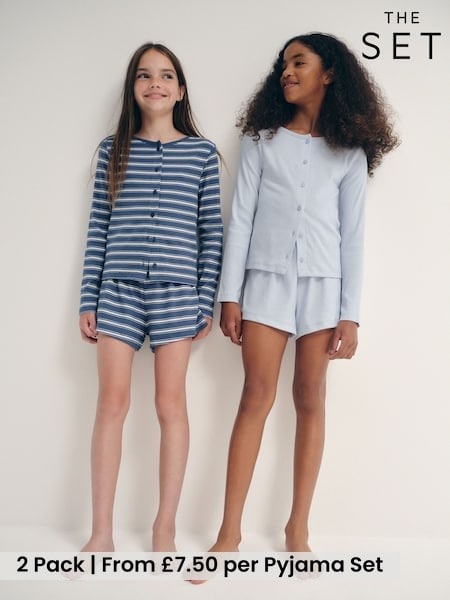 Blue/Navy Blue Stripe - The Set 2 Pack Long Sleeve Rib Button Through Top And Short Pyjamas