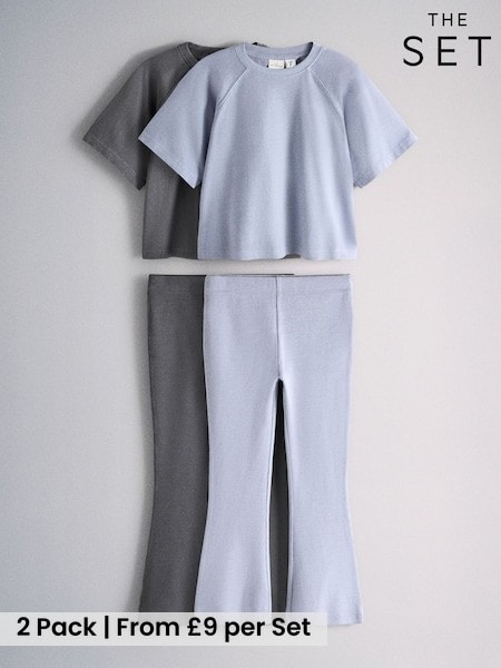 Blue - The Set 2 Pack Washed Jersey Short Sleeve T-shirts And Rib Kickflare Leggings