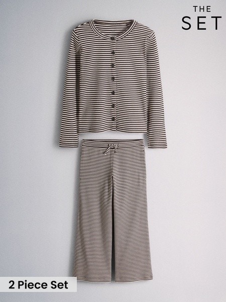 Chocolate Brown Stripe - The Set Long Sleeve Rib Top And Wide Leg Lounge Set