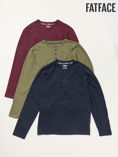 Navy/Green/Burgundy - Regular Fatface Long Sleeve Henley T-shirt