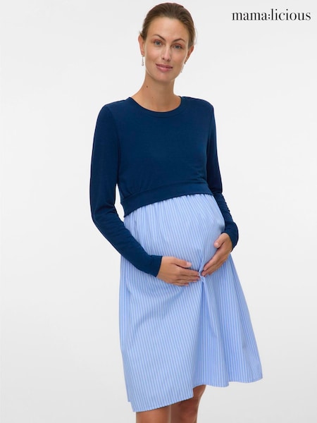 Mamalicious Blue Maternity Long Sleeve 2 in 1 Mix Dress With Nursing Function (V62364) | £38