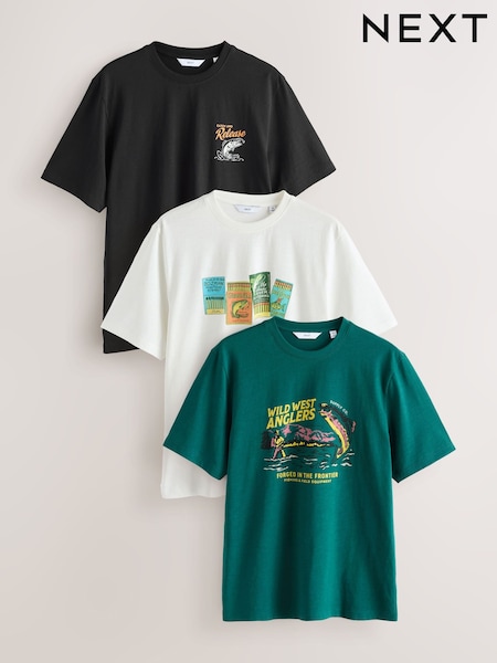Black/Stone/Green - Regular Fit Graphic Print T-shirts 3 Pack
