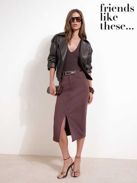 Mocha Brown - Friends Like These Split Front Denim Midi Skirt
