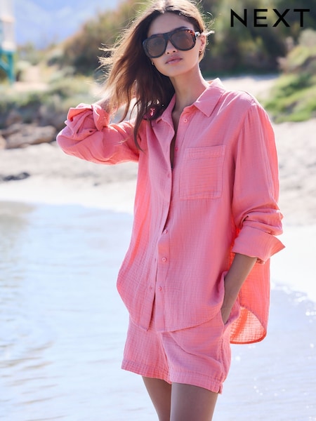 Pink - Long Sleeve Cheesecloth Shirt