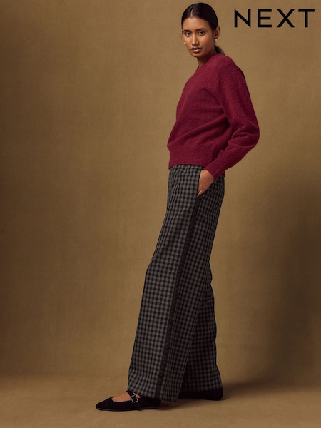 Black/Grey Gingham - Contrast Waistband Wide Leg Trousers