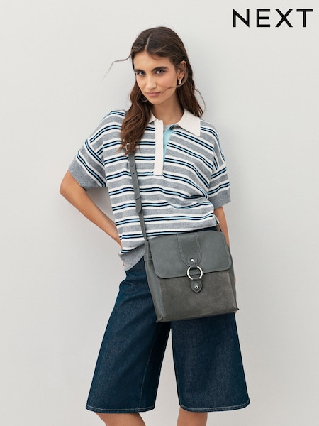 Grey - Leather Pocket Messenger Bag