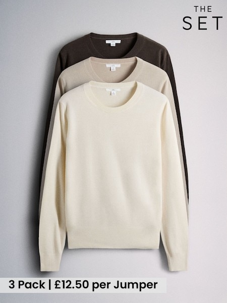 Cream/Light Brown/Chocolate Brown - The Set 3 Pack Soft Knit Crew Neck Long Sleeve Jumpers
