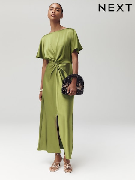 Green - Satin Short Sleeve Twist Front Midi Dress