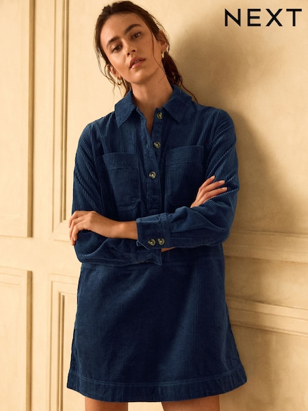 Navy Blue - Long Sleeve Cord Overhead Mini Dress