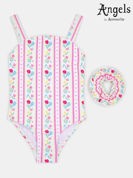 Angels By Accessorize Pink Girls Floral Print Swimsuit & Hair Scrunchie Set (V63250) | £19 - £21