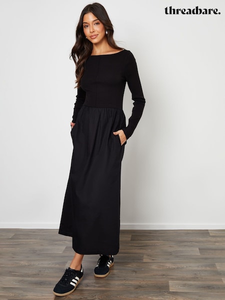 Threadbare Black 2-in-1 Jersey Poplin Mix Slash Neck Long Sleeve Dress (V63340) | £36