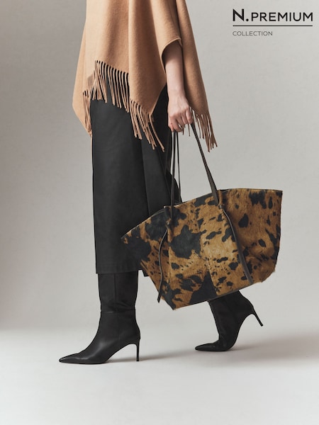 Brown - N.premium Leather Cow Print Large Shoulder Bag