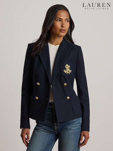 Blue - Lauren Ralph Lauren Anfisa Stretch Cotton Pique Double Breasted Jacket With Crest