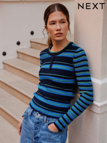 Blue/Green Stripe - Supersoft Long Sleeve Henley Layer Top
