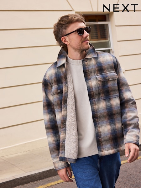 Ecru/Navy - Regular Check Borg Lined Shacket