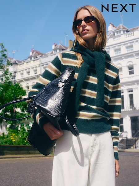 Green/Camel Stripe - Long Sleeve Crew Neck Knitted Jumper With Wool