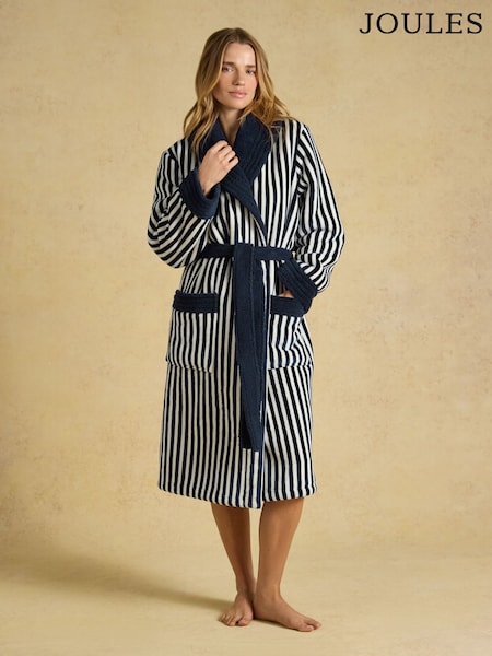 Navy & White - Joules Fluffy Fleece Dressing Gown