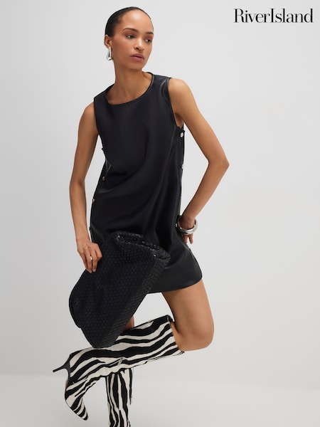 River Island Black Faux Leather Popper Detail Mini Dress (V64087) | £48