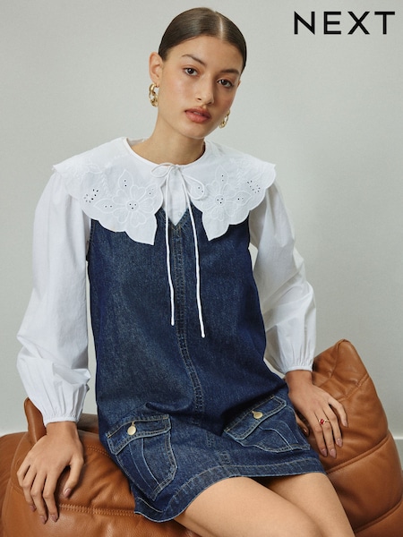 halter denim dress Blue Neck Mini | S/m The unhemmed edge adds Gown Style Color:Beige (16) Nine Denim Skirts For