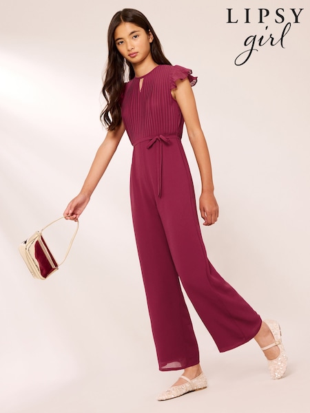 Burgundy Red - Lipsy Flutter Sleeve Occasion Jumpsuit (7-16yrs)