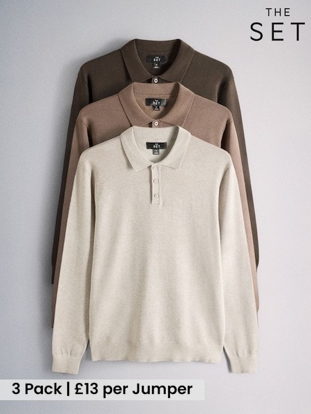 Navy/Grey - Regular The Set 3 Pack Long Sleeve Knitted Polo Jumpers