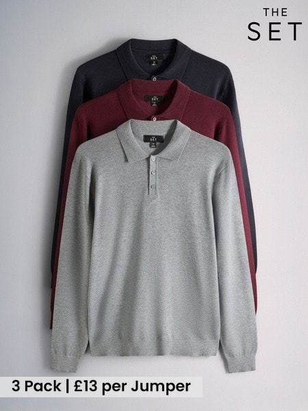 Burgundy - Regular The Set 3 Pack Long Sleeve Knitted Polo Jumpers