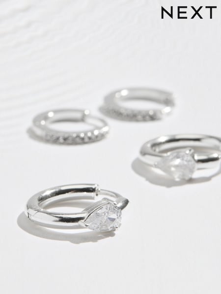 Silver Tone - Waterproof Stainless Steel Sparkle Huggie Hoop Earrings 2 Pack