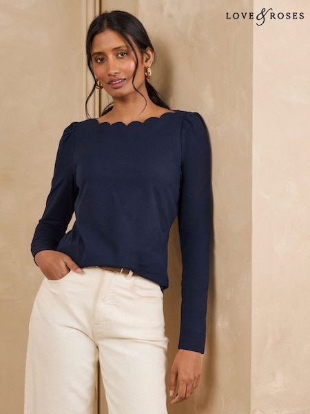 Navy Blue - Love & Roses Scallop Boat Neck Long Sleeve Top