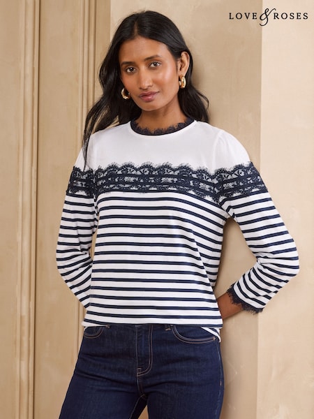 Ivory and Navy - Love & Roses Lace Yoke Stripe 3/4 Sleeve Top