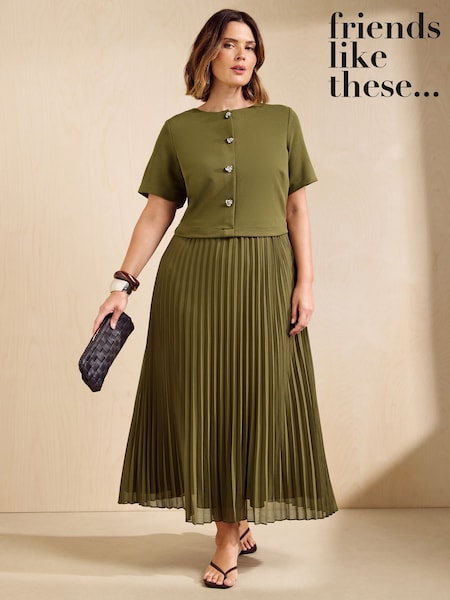 Bottle Green - Friends Like These Short Sleeve 2 In 1 Pleated Midi Dress