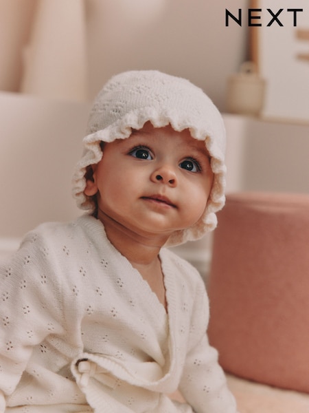 White Knitted - Frill Baby Hat