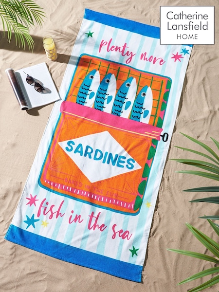 Catherine Lansfield Blue Sardines Cotton Beach Towel (V65313) | £11