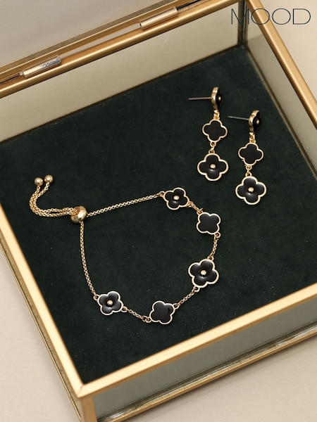 Jet Black Gold Tone - Mood Clover Multi Row Bracelet