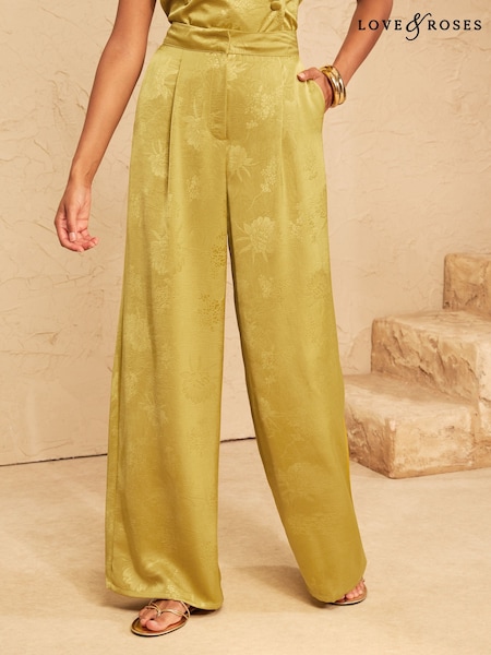 Lime Green - Love & Roses Satin Jaqcuard Trousers