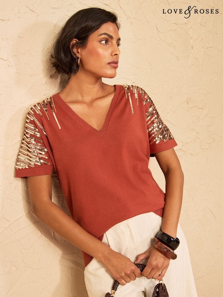 Rust Brown - Love & Roses Sequin Detail Batwing Style V-neck Knitted Top