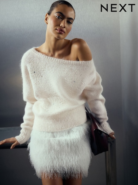 Ecru White Off Shoulder Embellished Snowflake - Christmas Long Sleeve Jumper