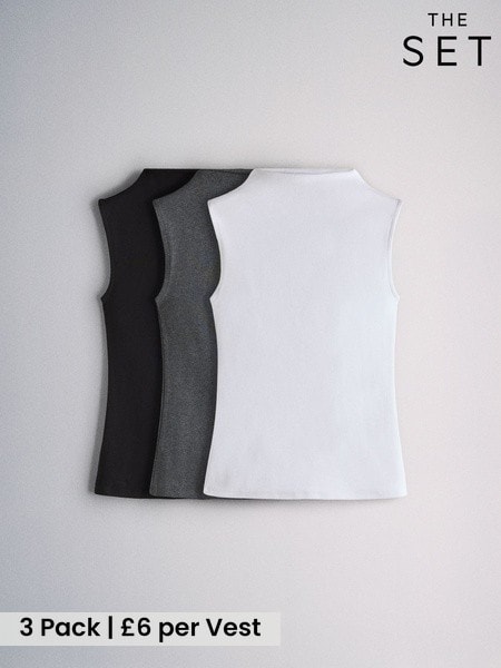 Black / Charcoal Grey / White - The Set 3 Pack Ribbed High Neck Vests